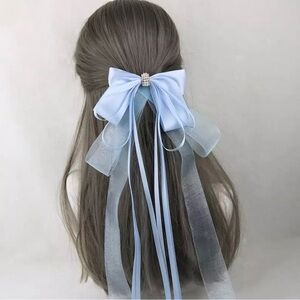 Sky Blue- Long Oversized Satin Bow French Barrette Hair Clip